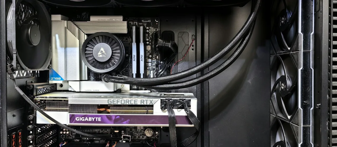Graphics card and cooling fans inside a desktop computer